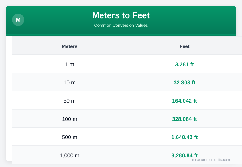 Meters to Feet conversion table infographic with common values